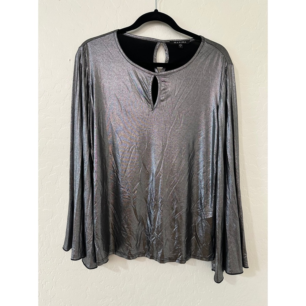 Marina Silver Metallic Pleated Bell Sleeve Blouse Size L Glam Party Evening - Picture 2 of 12